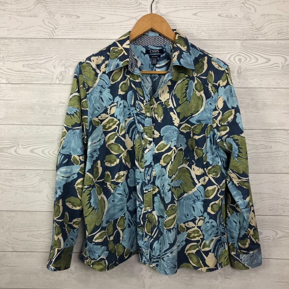 Chaps Women's 1X No Iron Long Sleeve Button Front Shirt 100% Cotton Blue Green